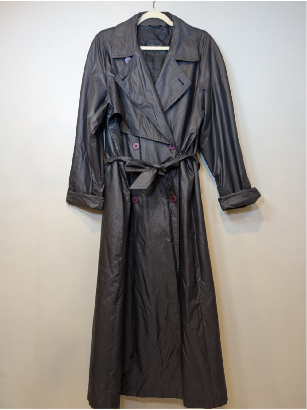 Sanyo Carol Cohen Vintage Iridescent Maxi Trench Coat Medium Large Grey Purple